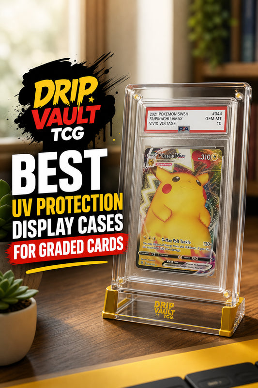 A photorealistic close-up of a graded Pokemon card inside a transparent display case, with soft natural window light falling on it but showing no glare, placed on a wooden desk next to a small plant. Alt: UV slab case with graded card on desk.